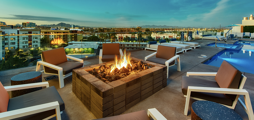 Fire pit lounge area at night